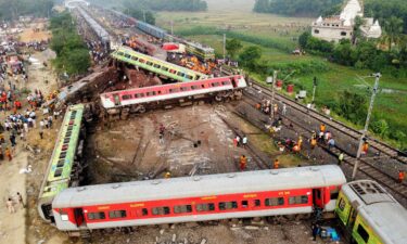 An aerial view of the derailed coaches in Balasore.