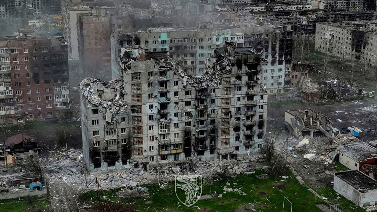 <i>Ukrainian Armed Forces/Reuters</i><br/>An aerial view shows destruction in the frontline city of Bakhmut