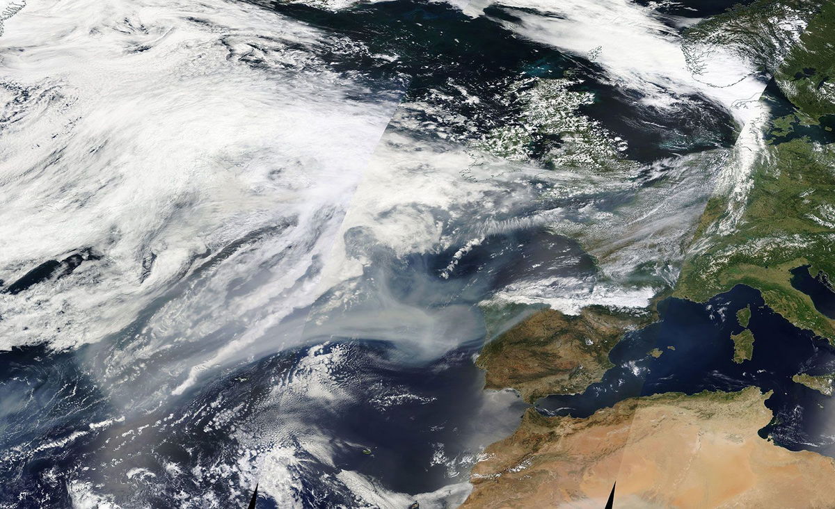 <i>NASA MODIS</i><br/>Smoke from Canada's record-breaking fire season has crossed the northern Atlantic and is now impacting portions of western Europe