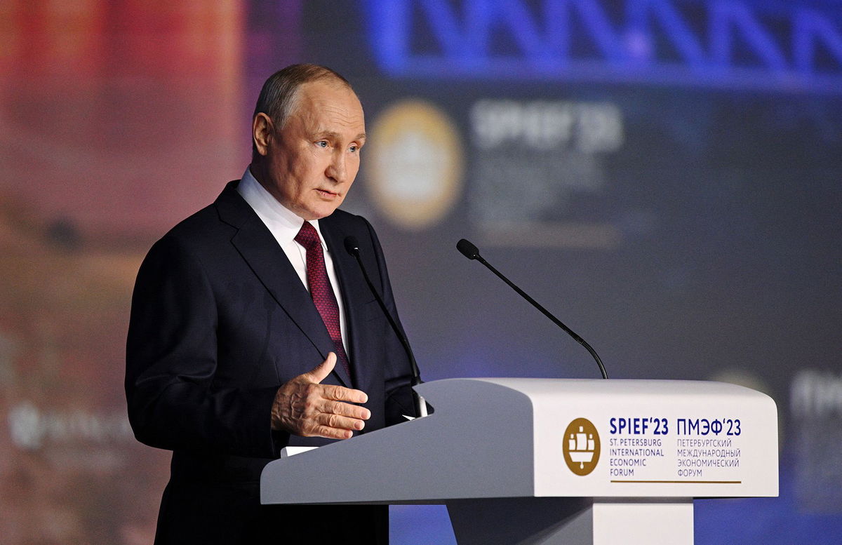 <i>Ramil Sitdikov/Sputnik/Reuters</i><br/>Russian President Vladimir Putin speaks at the St. Petersburg International Economic Forum on June 16.