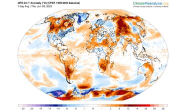 A temperature anomaly map showing warmer than usual temperatures over parts of Asia is seen here.