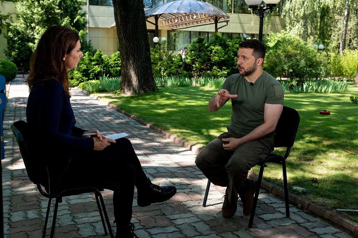 <i>Mick Krever/CNN</i><br/>Ukrainian President Volodymyr Zelensky talks to CNN's Erin Burnett on July 2.