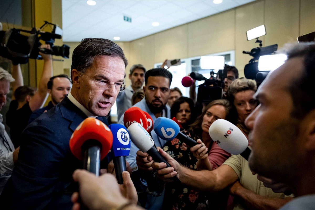 <i>Vuk Valcic/SOPA Images/Sipa US/Reuters</i><br/>Outgoing Prime Minister Mark Rutte speaks to the press during a suspension after his statement on the fall of the cabinet at the House of Representatives in The Hague