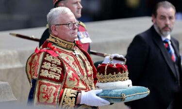 A general view of the Scottish Crown Jewels being carried ahead of a national service of thanksgiving and dedication to the coronation of King Charles III and Queen Camilla at St Giles' Cathedral on July 5 in Edinburgh