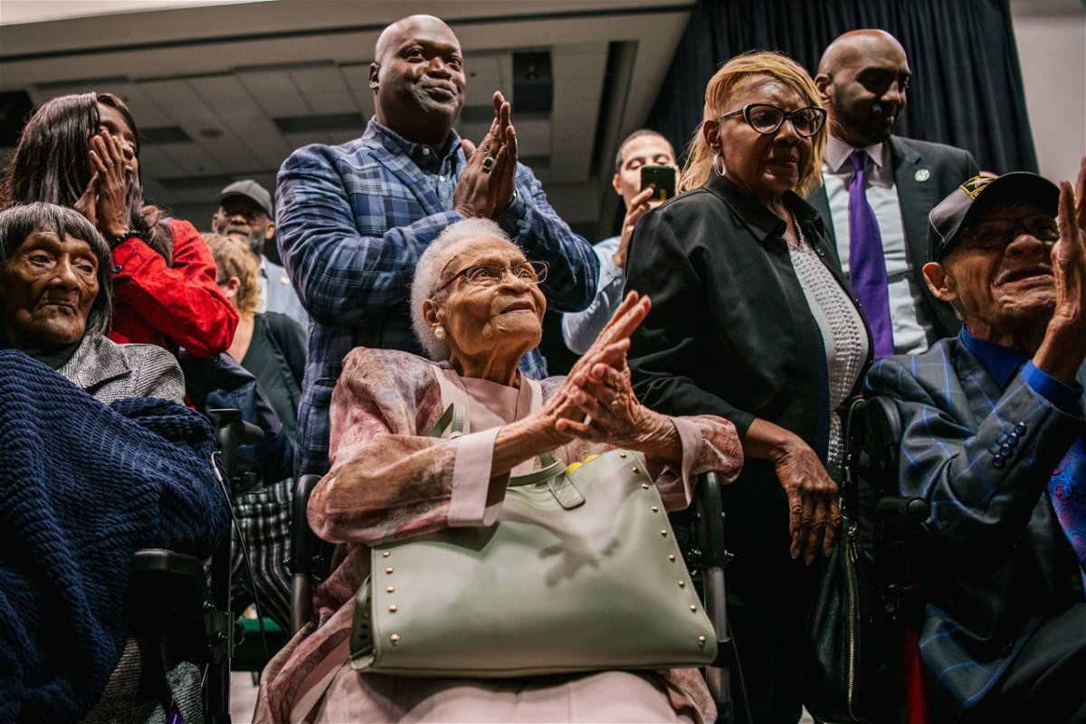 Survivors Lessie Benningfield Randle, Viola Fletcher and Hughes Van Ellis are pictured at the 100th anniversary of the Tulsa Race Massacre on June 1, 2021.