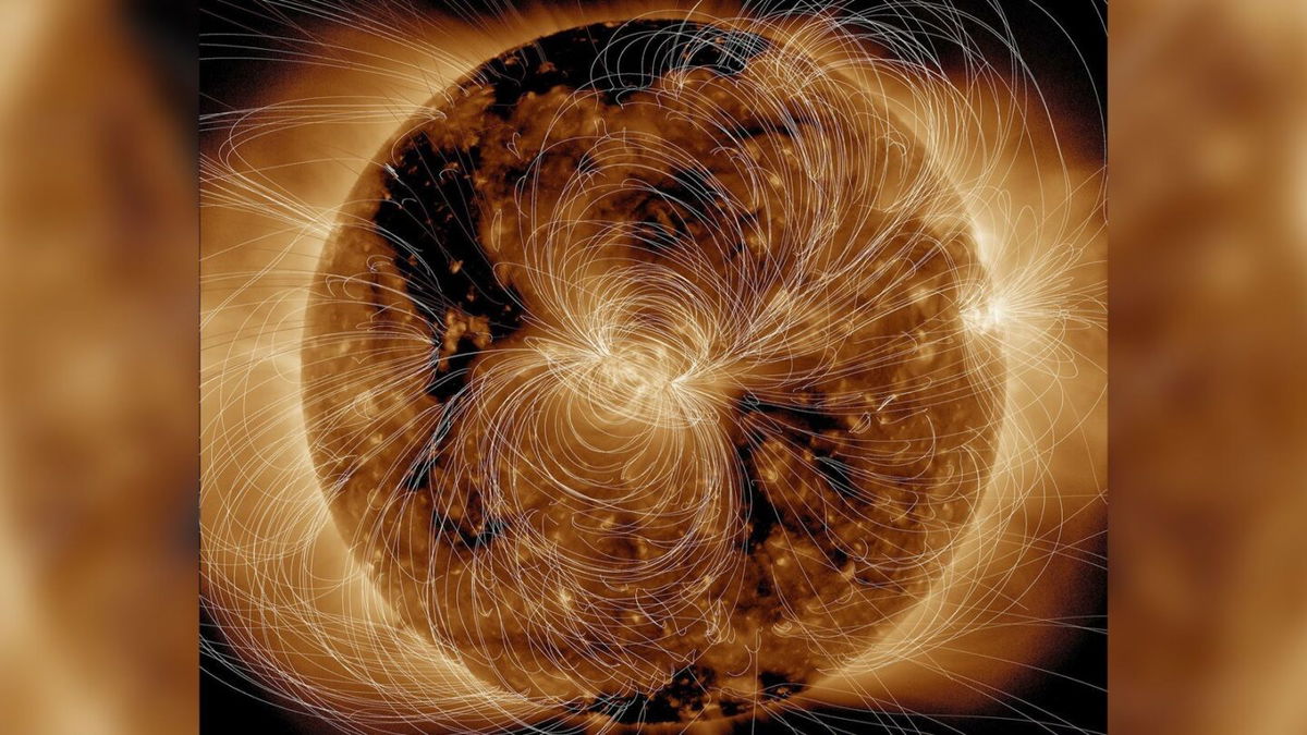 <i>NASA/GSFC/Solar Dynamics Observatory</i><br/>Scientists used computer models and data from NASA's Solar Dynamics Observatory to generate a view of the sun's complex magnetic field in August 2018.