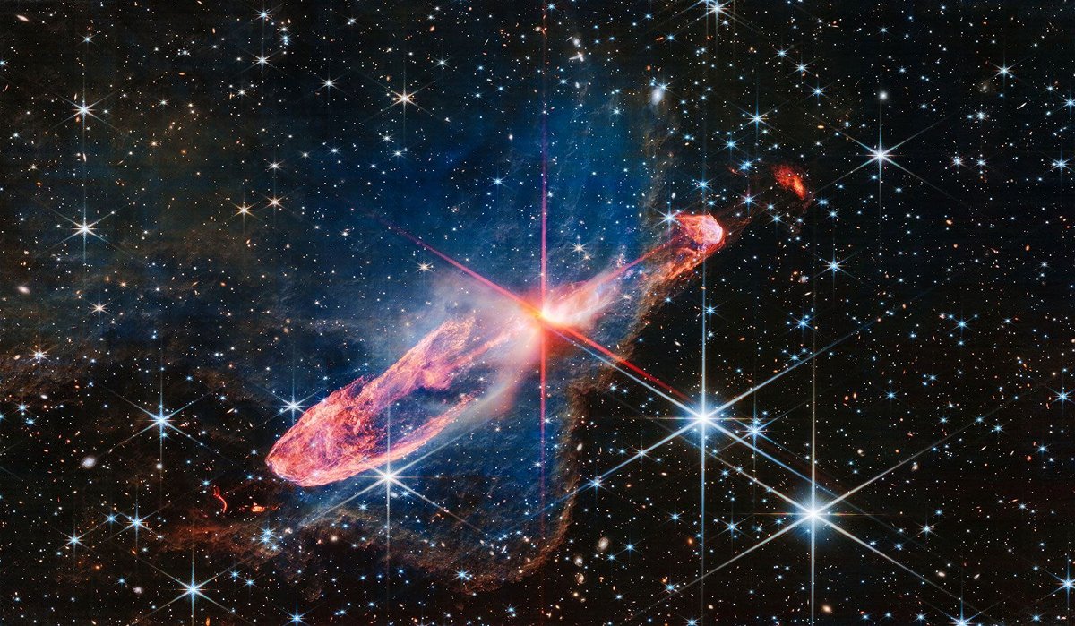 <i>J. DePasquale/CSA/ESA/NASA</i><br/>The James Webb Space Telescope captured a high-resolution image of a pair of actively forming stars called Herbig-Haro 46/47. The stellar duo