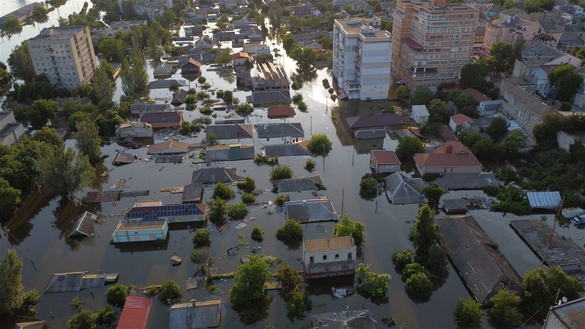 <i>Yan Dobronosov/Global Images Ukraine/Getty Images</i><br/>An aerial view shows flooded residential districts in the city of Kherson