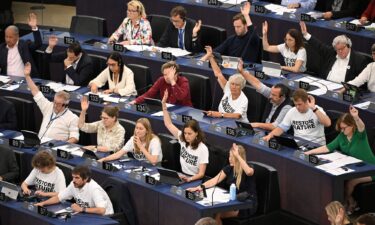 Members of the European Parliament wearing t-shirts reading "Restore Nature" take part in a voting session on EU nature restoration law.