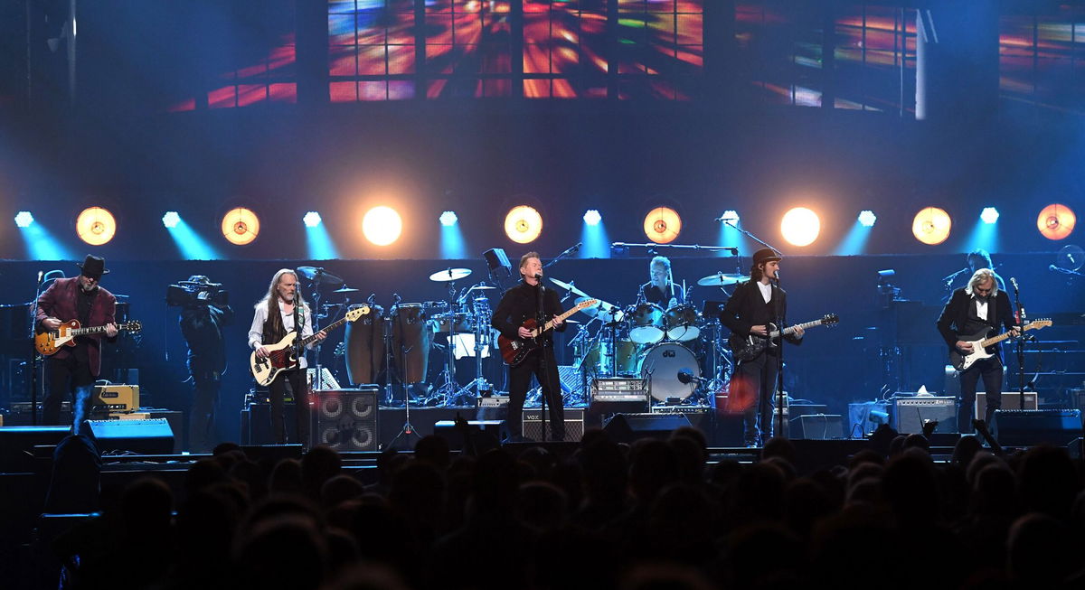 (From left) Vince Gill, Timothy B. Schmit, Don Henley, Scott F. Crago, Deacon Frey and Joe Walsh of the Eagles perform at MGM Grand Garden Arena on September 27, 2019 in Las Vegas, Nevada.