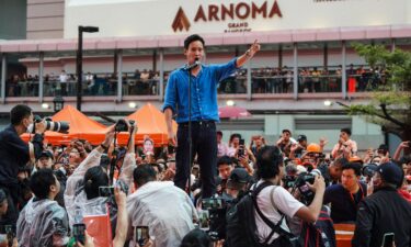 The Move Forward party's leader and prime ministerial candidate Pita Limjaroenrat speaks to supporters during a rally in Bangkok