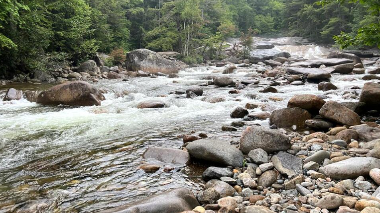 This Tuesday Aug. 15, 2023 photo provided by the New Hampshire Fish and Game Department shows Franconia Brook as is flows several hundred yards below Franconia Falls, in the White Mountain National Forest, in Lincoln, N.H. Authorities say a Massachusetts mother has drowned trying to rescue her young son who was being pulled by the current at Franconia Falls, Tuesday, Aug. 15.