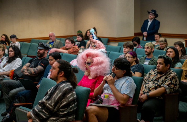 Members of the Drag Show community listen in during a meeting at the Texas State Capitol on March 23, 2023 in Austin, Texas.