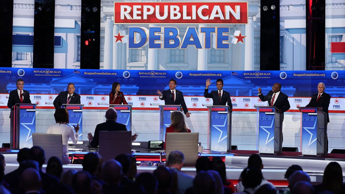 Republican presidential candidates talk over each other during the second Republican candidates' debate of the 2024 U.S. presidential campaign at the Ronald Reagan Presidential Library in Simi Valley, California, U.S. September 27.