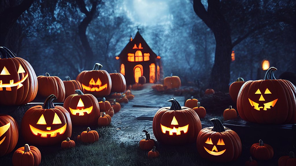 carved Halloween pumpkins and haunted house in forest