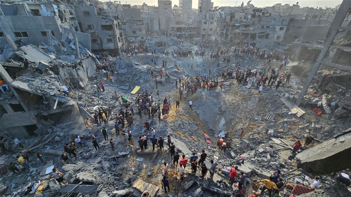 The aftermath of the Israeli strike at the Jabalya refugee camp in Gaza on Tuesday.