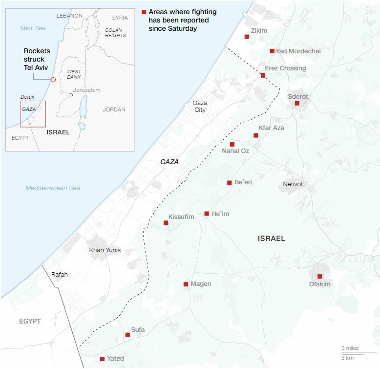 Israel’s military says Monday it has retaken control of all communities around Gaza after Hamas fired a deadly barrage of rockets and sent gunmen into southern Israeli territory on Saturday.