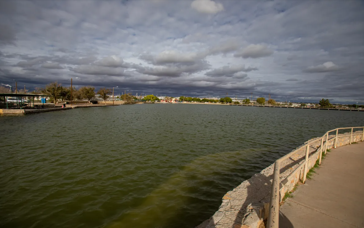 The green waters of the Ascarate Park lake reflect algae growth beneath the surface. El Paso County has commissioned a water quality study and may drain and dredge the lake.