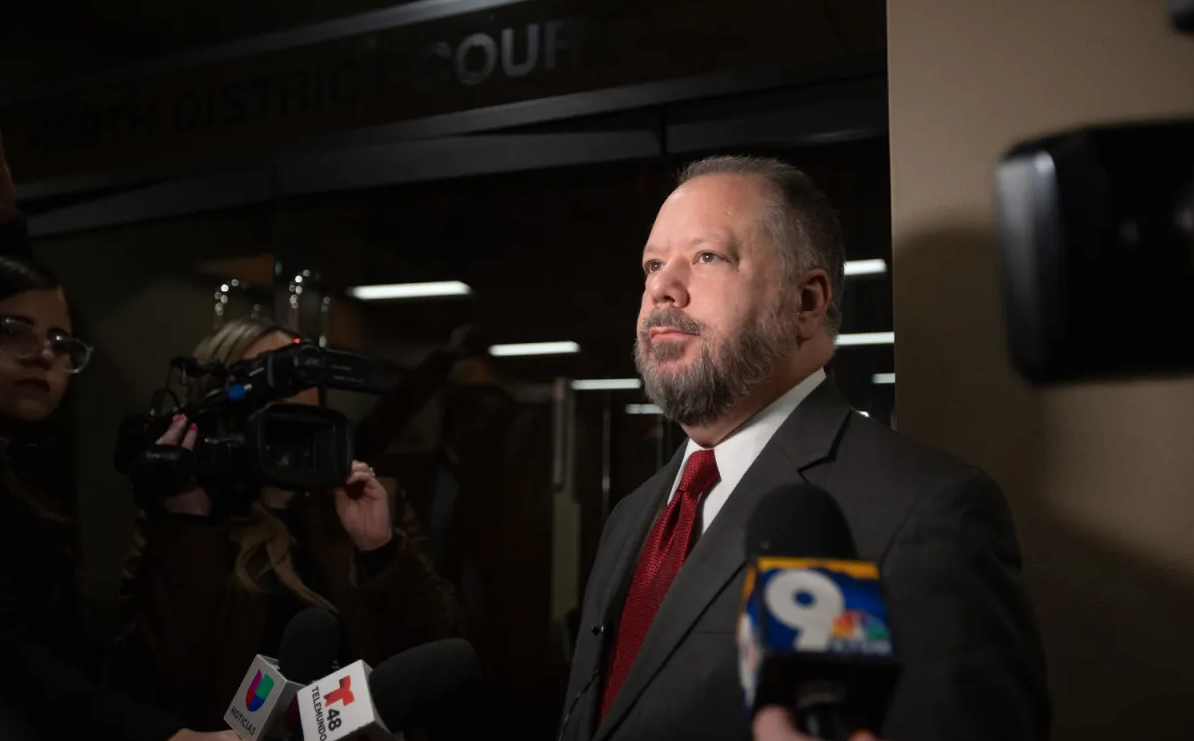 El Paso District Attorney Bill Hicks declines to discuss the content of a hearing on the Walmart shooting case as he leaves the chambers of 409th District Judge Sam Medrano on Wednesday, Jan. 25.