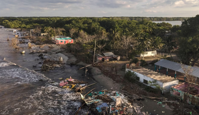 An aerial view of the coastal community of El Bosque, in the state of Tabasco, Mexico, Thursday, Nov. 30, 2023, destroyed by flooding driven by a sea-level rise and increasingly brutal winter storms.