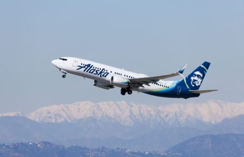 Alaska Airlines airplane takes off from the south runway at the Los Angeles International Airport