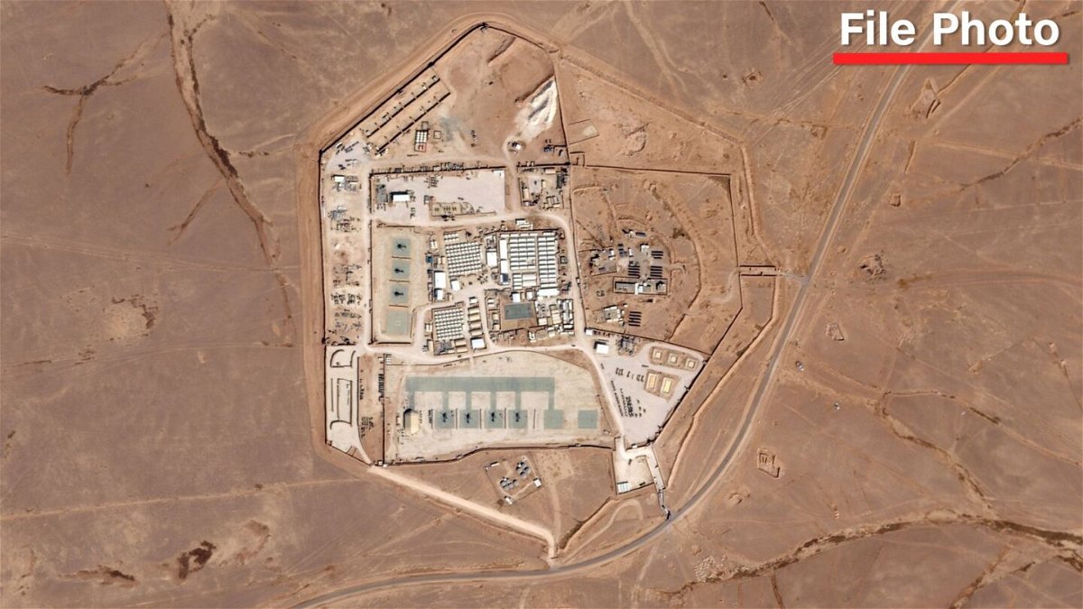 	This satellite photo from Planet Labs PBC shows a military base known as Tower 22 in northeastern Jordan, on October 12, 2023.