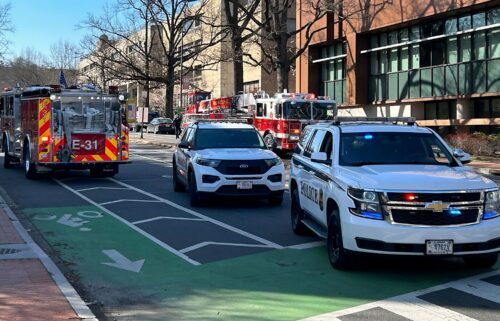 US Secret Service vehicles block access to a street leading to the Israeli Embassy in Washington