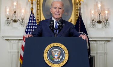 President Joe Biden speaks in the Diplomatic Reception Room of the White House