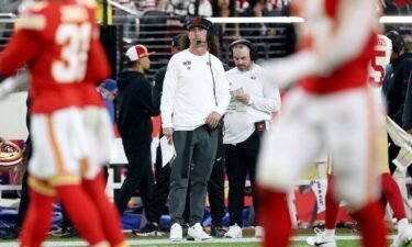 Head coach Kyle Shanahan of the San Francisco 49ers looks on during the fourth quarter of Super Bowl LVIII.