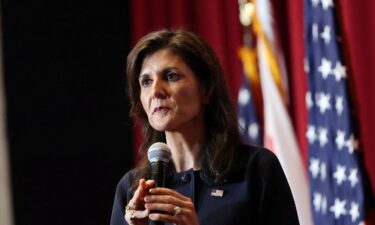 Nikki Haley speaks during a rally in Los Angeles on February 7.