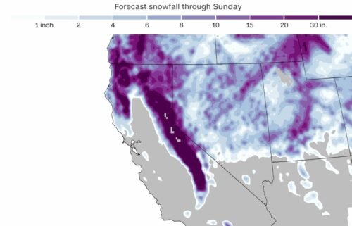 A snowfall forecast from Thursday through Sunday shows feet of snow across California's mountains.