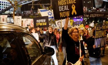 Demonstrators call for the release of Israeli hostages being held by Hamas during a protest in Tel Aviv on March 17