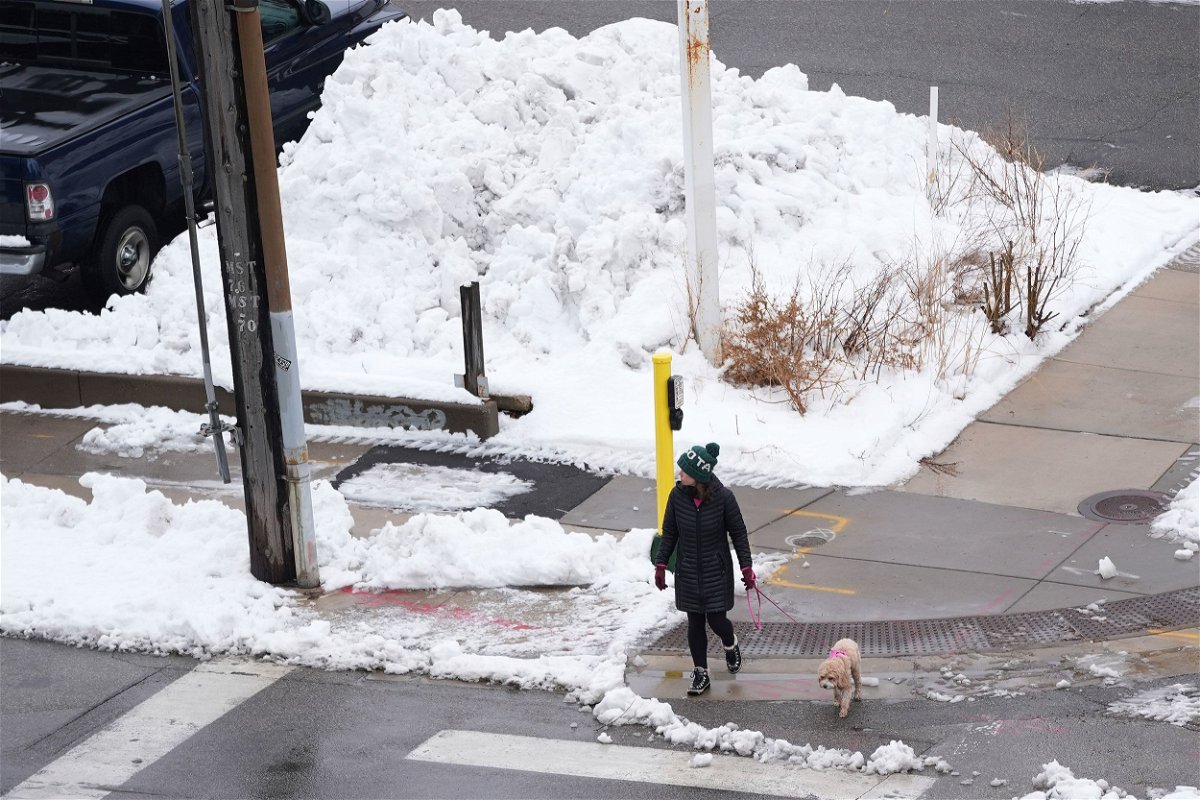 A pedestrian with a dog crosses the street near a large pile of snow on March 25 in Minneapolis.