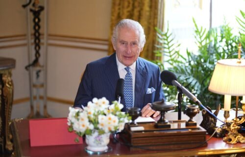 The UK's King Charles III records his audio message for the Royal Maundy Service in the 18th Century Room at Buckingham Palace in this undated handout photo released by the Royal Household on March 27.