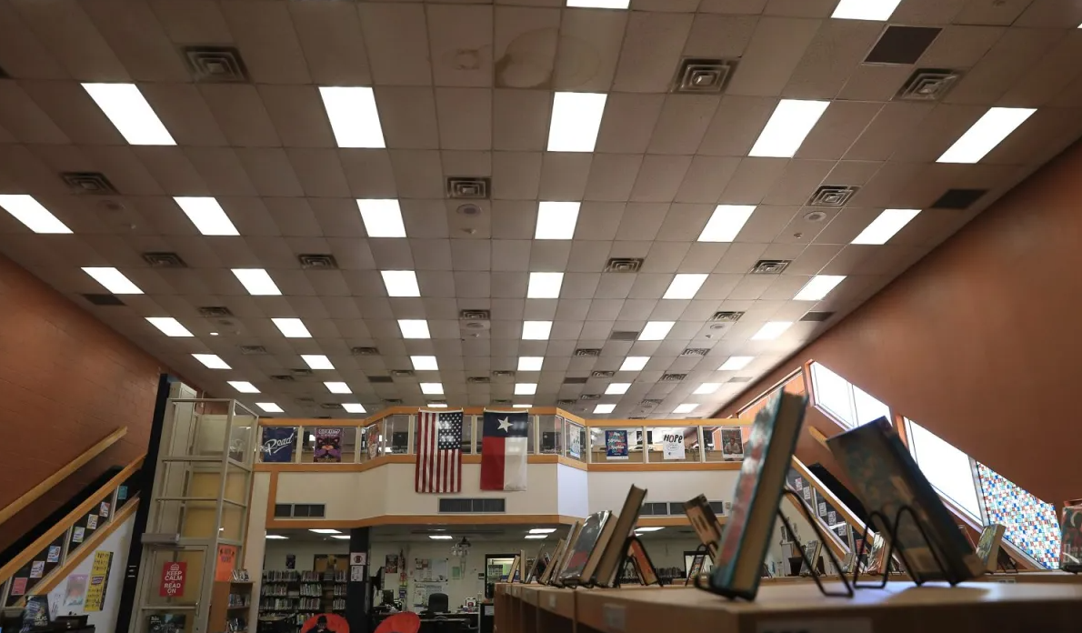 The ceiling of the Canutillo Middle School library shows water stains and damage on April 17, 2024. 