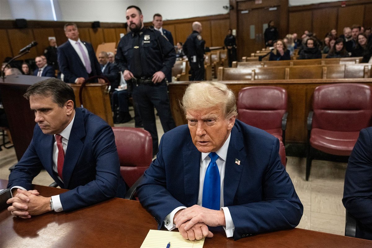 Former President Donald Trump sits in court for his trial for allegedly covering up hush money payments at Manhattan Criminal Court on April 22