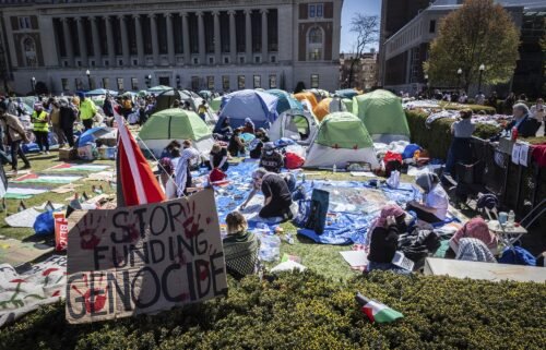 Columbia student protesters are demanding divestment. A sign sits erected at the pro-Palestinian demonstration encampment at Columbia University in New York on April 22.