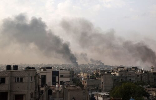 Smoke billows following Israeli strikes in Rafah city in the southern Gaza Strip on May 28.