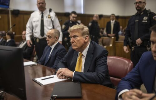 Donald Trump appears in court during his trial for allegedly covering up hush money payments at Manhattan Criminal Court on May 21