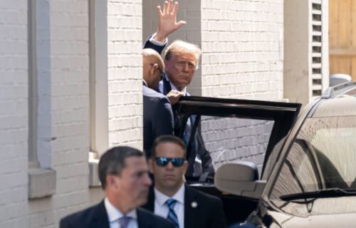 Former US President Donald Trump departs after delivering remarks at a House Republicans Conference meeting at the Capitol Hill Club on June 13 in Washington