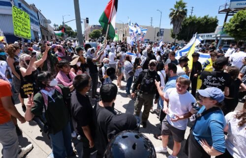 Supporters of Israel clashed with pro-Palestinian protesters in front of the Adas Torah synagogue