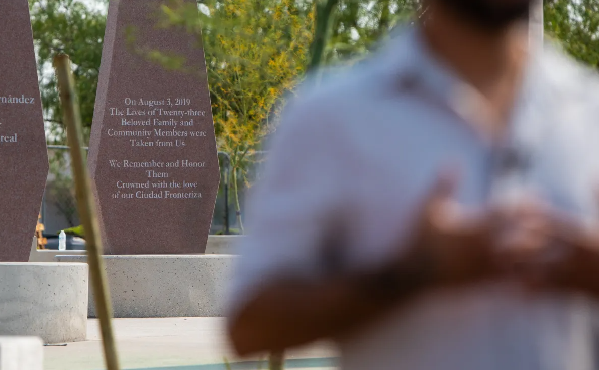 Tino Ortega, an artist who had previously painted a series of murals throughout El Paso to honor victims of the Walmart shooting, stands at the site of the new memorial that he designed for the City of El Paso, July 24, 2024. Ortega used granite pillars in the shape of a crown to evoke the strength and power of the community.