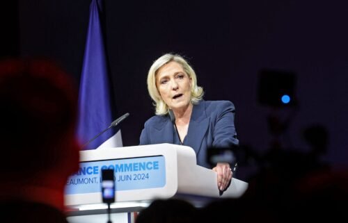 Marine Le Pen gives a speech as results come in for the first round of the French parliamentary elections in Henin-Beaumont