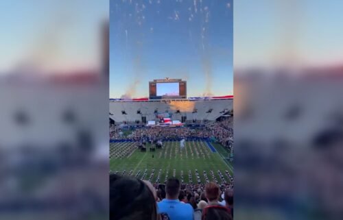 A screen grab from a video shared on social media shows fireworks shooting into the crowd during Thursday night’s Stadium of Fire event at the Brigham Young University football stadium in Provo