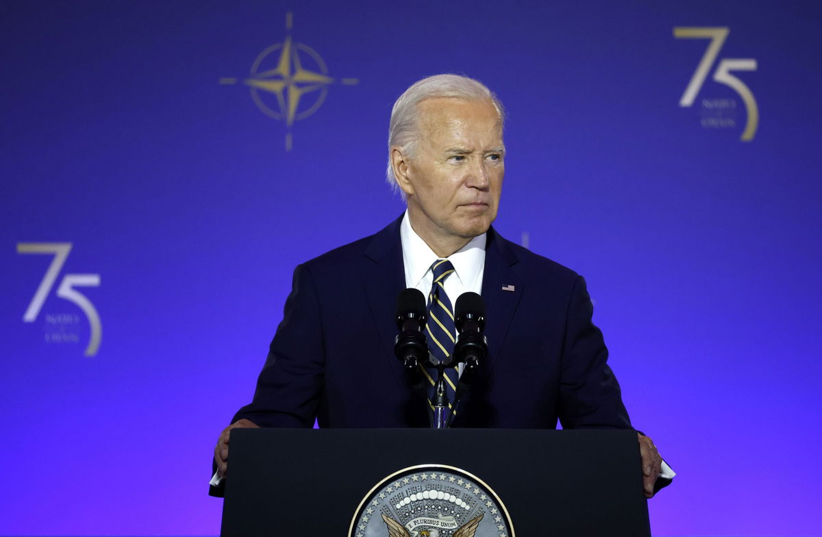 <i>Kevin Dietsch/Getty Images via CNN Newsource</i><br/>President Joe Biden delivers remarks during the NATO 75th anniversary celebratory event at the Andrew Mellon Auditorium on July 9