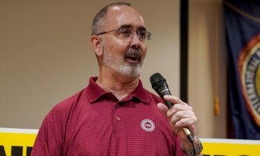 United Auto Workers (UAW) President Shawn Fain speaks at a UAW vote watch party on April 19