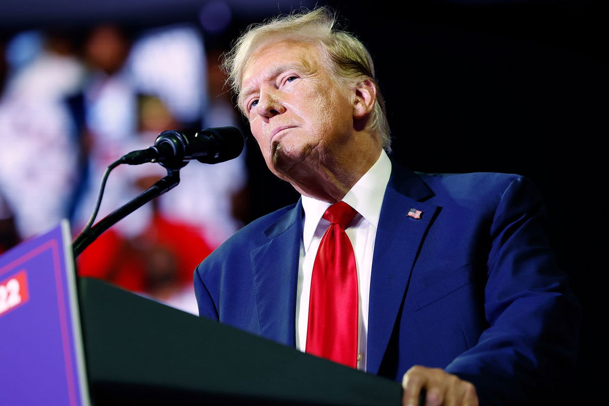 <i>Anna Moneymaker/Getty Images via CNN Newsource</i><br/>Donald Trump speaks at a campaign rally on June 22