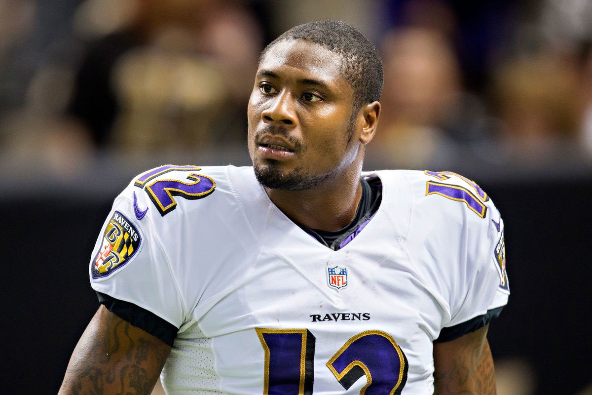 Jacoby Jones warms up before a Baltimore Ravens game against the New Orleans Saints at Mercedes-Benz Superdome on November 24, 2014.