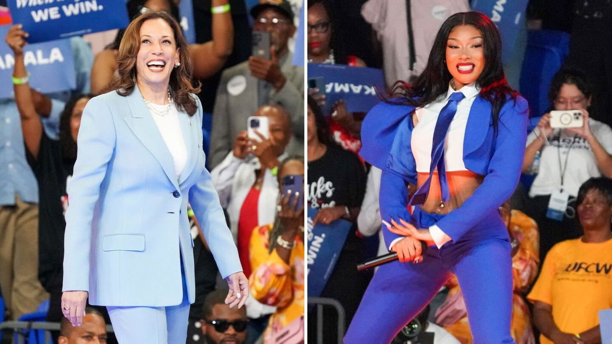 <i>Julia Beverly/Getty Images via CNN Newsource</i><br/>Megan Thee Stallion's midriff-bearing blue suit was designed by Abdul Sall.