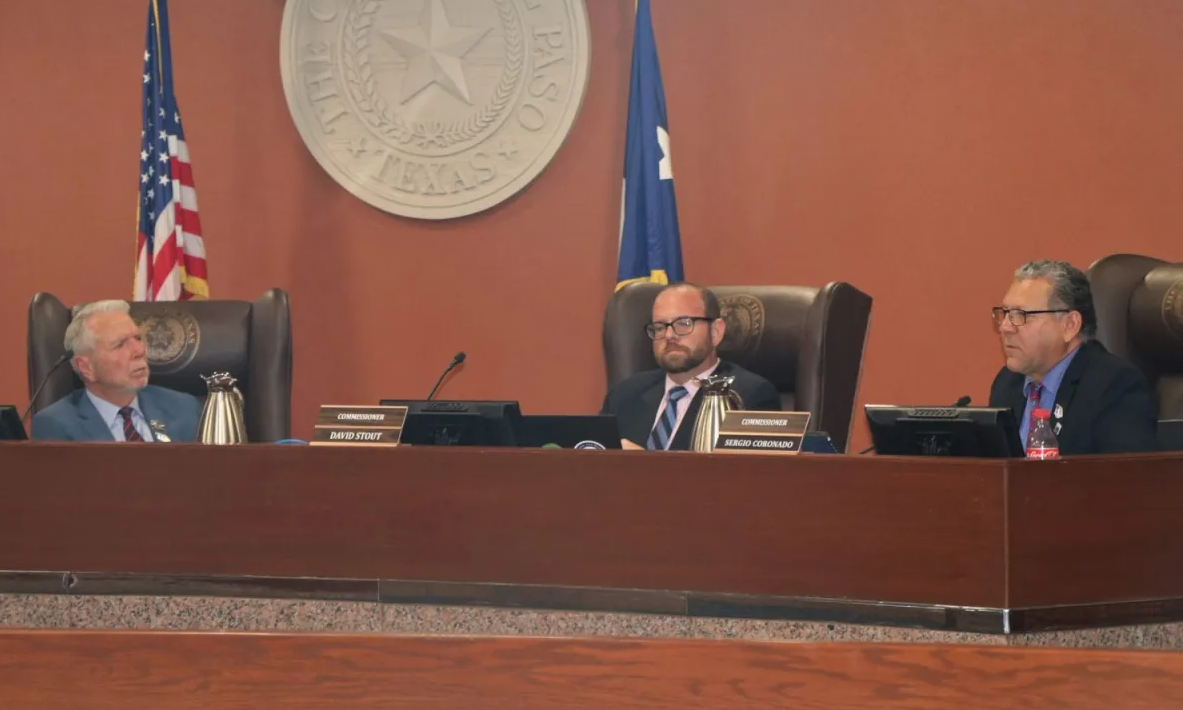 County Judge Ricardo Samaniego and County Commissioners David Stout and Sergio Coronado during a 2023 budget hearing.